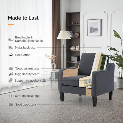 VINGLI Mid-Century Modern Accent Chair, Dark Grey Linen Upholstered, Comfortable & Supportive, 380lbs Weight Limit, Perfect for Living Room, Bedroom, Office