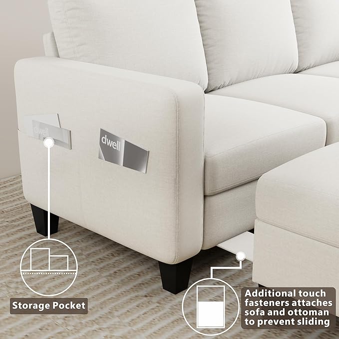 Sectional Sofa and Couches for Living Room, 78'' Beige 3 Seat L-Shaped Couch with Movable Ottoman, Comfy Fabric Convertible Sectionals Sofas with Chaise for Apartment, Office, Small Space