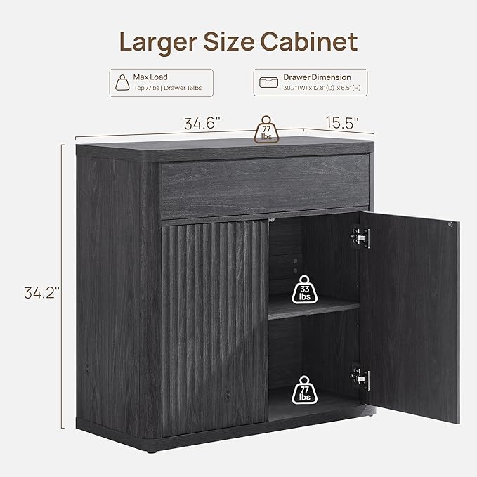 SICOTAS Buffet Cabinet with Storage - Accent Fluted Storage Cabinet with 2 Doors & 1 Drawer 34.6" Wide Modern Sideboard Credenza Large Buffet Table for Living Room Kitchen Dining Room Entryway Office