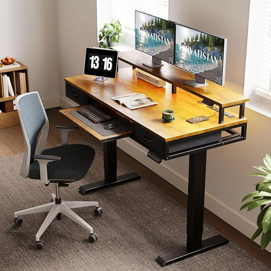 AODK Electric Standing Desk with Drawers & Keyboard Tray, 55 Inch Height Adjustable Gaming Desk with Power Outlets & LED Lights, Sit Stand Table with Monitor Stand for Home, Office, Rustic Brown