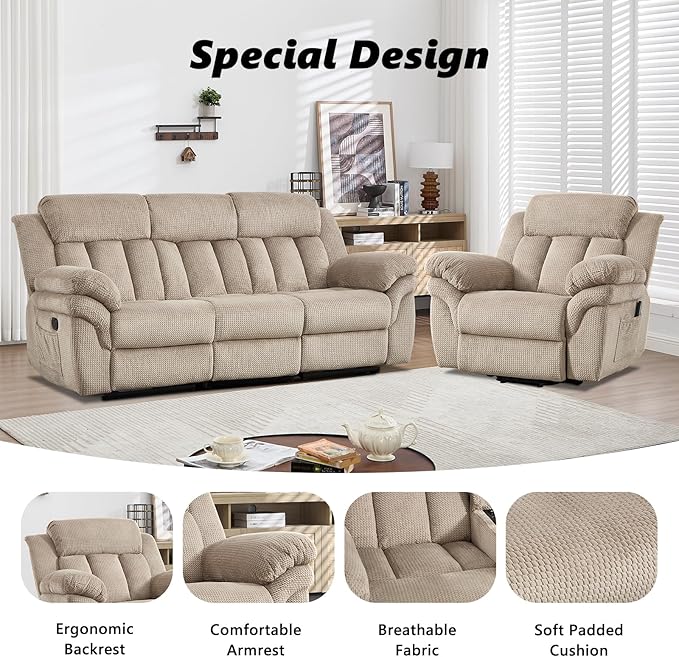 CANMOV Recliner Sofa Set, Oversize Power Lift Recliner Chair and Manual Loveseat with Overstuffed Armrest for Living Room,Bedroom Furniture,Office,1+3 Seat Light Brown