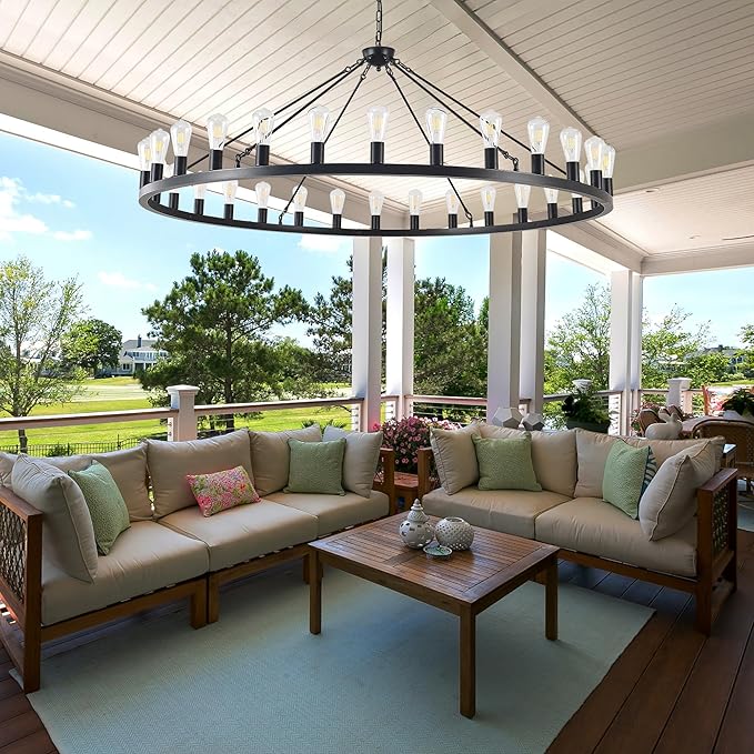 Large black wagon wheel chandelier 64 inch,30-Light Farmhouse wagon Wheel Chandeliers Round Industrial ceiling light fixtures for outdoor porch high ceilings Living Dining Room Foyer Entryway