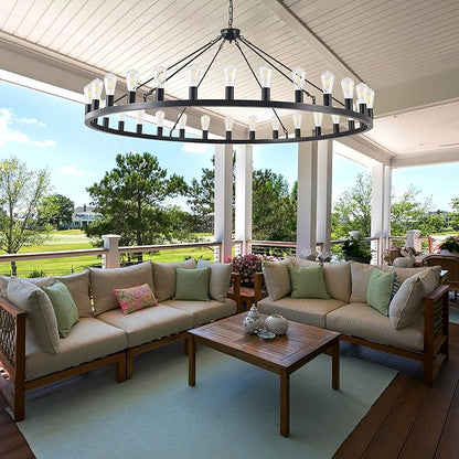 Large black wagon wheel chandelier 64 inch,30-Light Farmhouse wagon Wheel Chandeliers Round Industrial ceiling light fixtures for outdoor porch high ceilings Living Dining Room Foyer Entryway