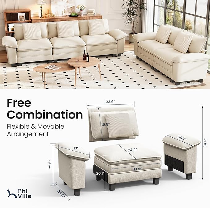 PHI VILLA Cloud Modular Couches Sets, 2 Pieces Comfy Sectional Sofa Set with Loveseat, 5-Seater Upholstered Couch for Living Room, Chenille Fabric, Beige