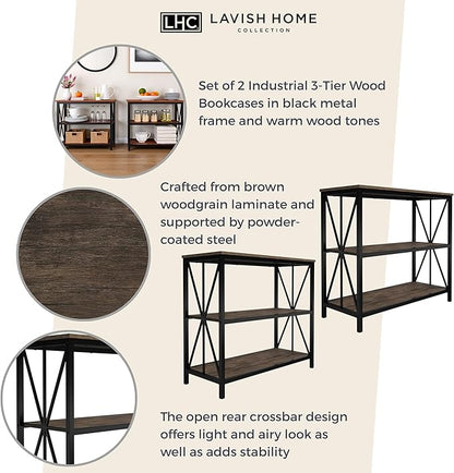 Lavish Home 3-Tier Industrial Bookshelf - Freestanding Open Bookcase for Home or Office Organization and Storage - Book Organizer (Brown Woodgrain)