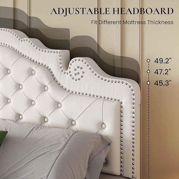 SHA CERLIN Queen Size Bed Frame with Adjustable Headboard/Velvet Upholstered/Diamond Button Tufted and Metal Studs/No Box Spring Needed/Sturdy Wood Slat Support/Easy Assembly/White