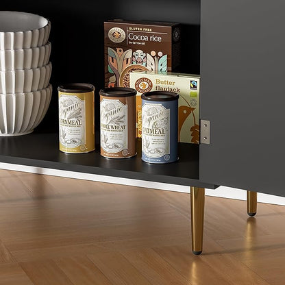 Buffet Sideboard Cabinet with 2 Doors, Modern Kitchen Cabinet with Golden Handles & Legs, Adjustable Shelf, Accent Coffee Bar Storage Sideboard for Kitchen, Living Room, Black