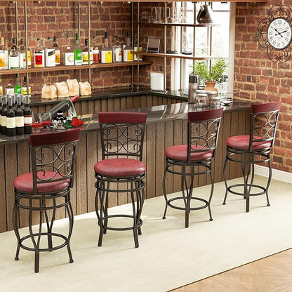 Giantex 26" Swivel Bar Stools Set of 2, Counter Height Bar Stools w/Back, Upholstered PU Leather Seat, Footrest, Max Load 330Lbs, Vintage Metal Barstools for Kitchen Island, Dining Room, Rustic Brown