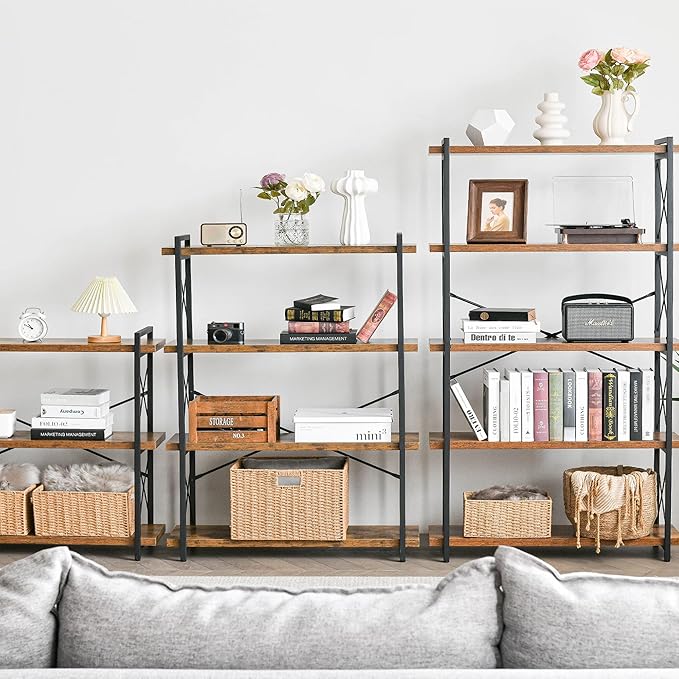 HCHQHS Bookshelf, 5-Tier Industrial Bookcase, Rustic Open Book Shelf, Freestanding Tall Bookshelves with Metal Frame