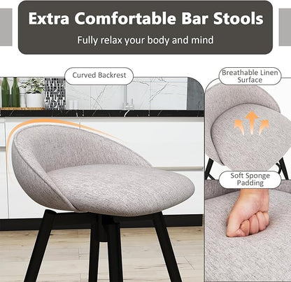COSTWAY Bar Stools Set of 4, 25" Upholstered Counter Height 360° Swivel Bar Stools w/Backrest & Footrest, Heavy-Duty Metal Frame Armless Breakfast Chairs for Kitchen, Living Room (Set of 4,Grey)