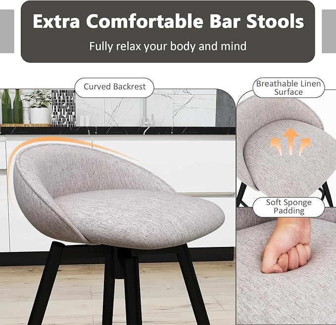 COSTWAY Bar Stools Set of 2, 25" Upholstered Counter Height 360° Swivel Bar Stools w/Backrest & Footrest, Heavy-Duty Metal Frame Armless Breakfast Chairs for Kitchen, Living Room (Set of 2,Grey)