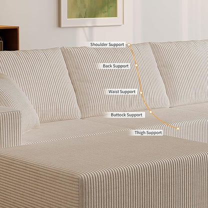 139" Boneless Cloud Sectional Couch for Living Room, Compressed Modular L-Shaped Sofa with Deep Seat, Frameless Corduroy Couch in Boxes, No Assembly Required 4-Seater (Left-Facing Chaise, Beige)
