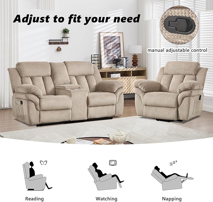 CANMOV Recliner Sofa Set, Oversize Power Lift Recliner Chair and Manual Loveseat with Overstuffed Armrest for Living Room,Bedroom Furniture,Office,1+2 Seat Light Brown