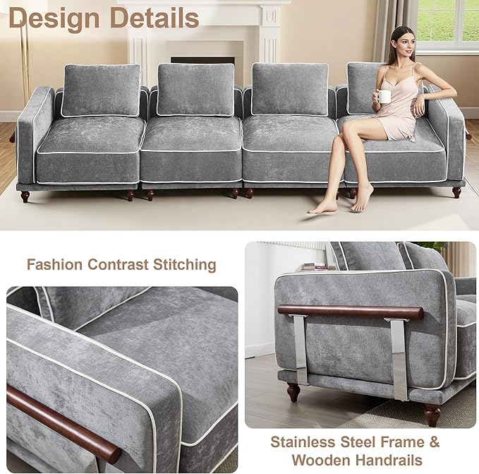 146" Cloud Modular Sectional Sofa,Oversized Deep 4 Seater Couch with Armrests Wooden Legs,Comfy Thicked Cushion Upholstered Sofa for Living Room Bedroom,Light Grey