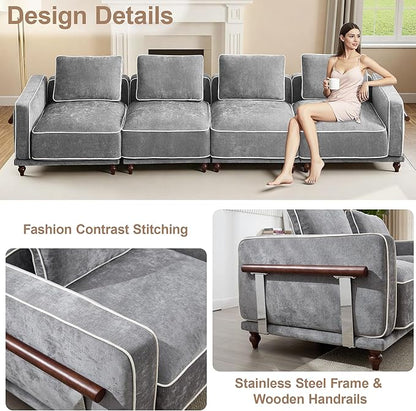 146" Cloud Modular Sectional Sofa,Oversized Deep 4 Seater Couch with Armrests Wooden Legs,Comfy Thicked Cushion Upholstered Sofa for Living Room Bedroom,Light Grey