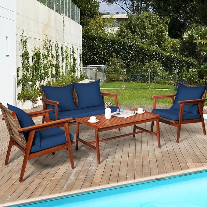 COSTWAY 4 Pieces Acacia Wood Patio Conversation Set, Outdoor Wicker Sofa with Coffee Table & Cushions, Patio Rattan Furniture Set for Yard, Porch, Poolside, Balcony, Backyard, Navy