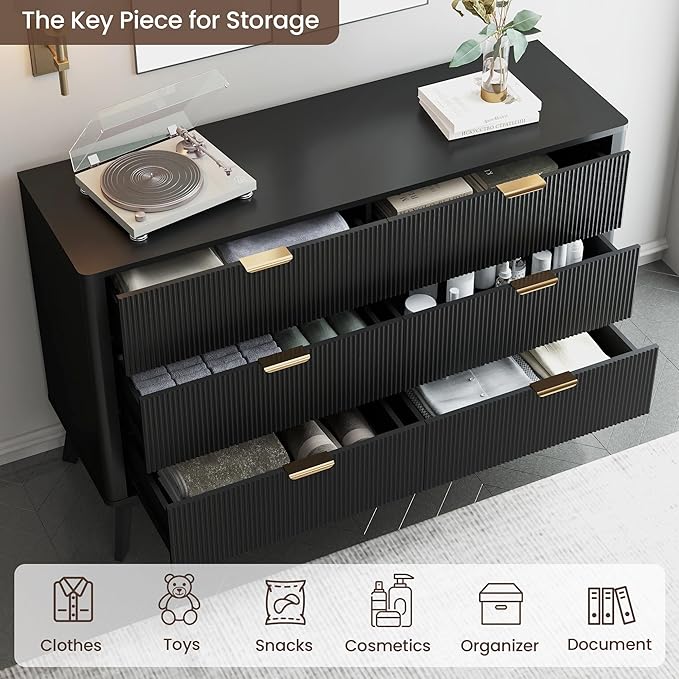SUNWAVE 6 Drawer Dresser for Bedroom, 49.6" Wide Modern Fluted Dresser with Round Corner, Wood Chest of Drawers for Living Room