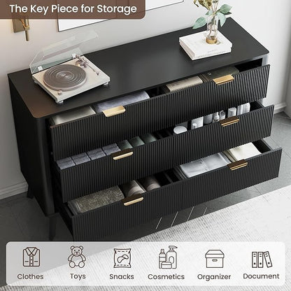 SUNWAVE 6 Drawer Dresser for Bedroom, 49.6" Wide Modern Fluted Dresser with Round Corner, Wood Chest of Drawers for Living Room