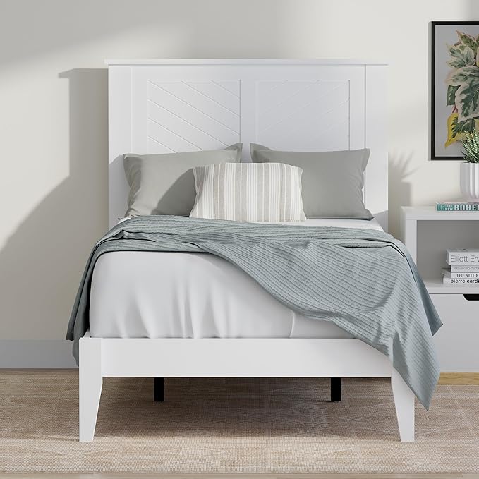 Serene Farmhouse Style Wood Bed in Twin Size with Chevron Scoring Headboard, Coastal Modern Design, Sturdy, Easy Assembly, Ample Underbed Storage, White Finish