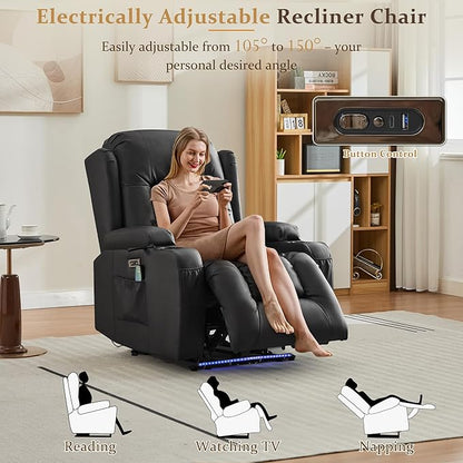 URRED Power Recliner Chair with Massage and Heat for Adults, Electric Reclining Sofa Home Theater Seating with Ambient Light, USB Ports, Cup Holders, Side Pockets, Pillow, Faux Leather (Black)