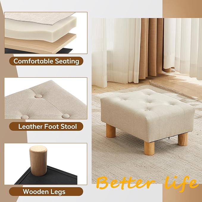 Small Foot Stool Ottoman, Linen Footstool Ottoman Foot Rest for Couch, Rectangle Footstools and Ottomans Small for Living Room, Entryway and Bedroom (Beige)