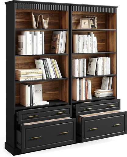 LITTLE TREE 72" Tall Black Bookcase, 5-Tier Office Bookself with File Cabinet Drawers,Modern Floor Standing Storage Filing Cabinet Book Shelf for Living Room,Bedroom(2 Piece,Black)