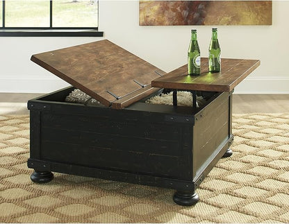 Signature Design by Ashley Valebeck Lift Top Coffee Table, Storage, Split-top Design, Wood, 36" W x 36" D x 18" H, 2-tone Distressed Brown & Black Finish