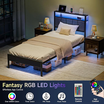 Z-hom Twin Bed Frame with Upholstered Headboard and Footboard, Metal Platform with Dual Storage Compartments, LED Lights and USB Ports, Easy Assembly, Grey