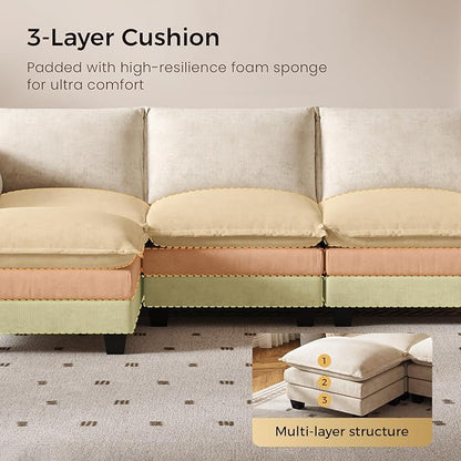 KKL 91.3" Modular Sectional Sofa, L-Shaped 4 Seater Cloud Couch with Ottoman, Chenille Modern Sectional Couches for Living Room, Apartment, Beige