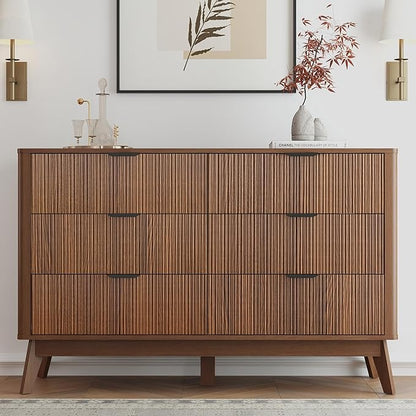 SUNWAVE 6 Drawer Dresser for Bedroom, 49.6" Wide Modern Fluted Dresser with Round Corner, Wood Chest of Drawers for Living Room