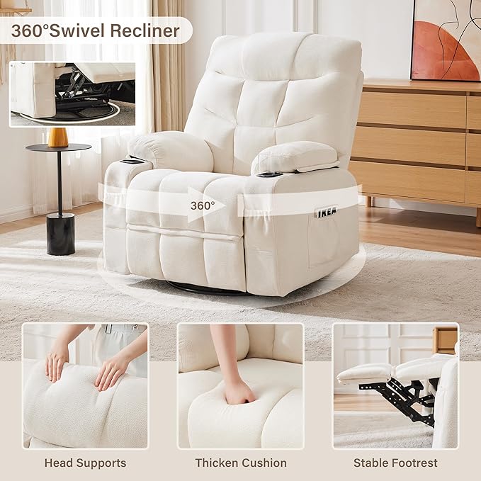 Manual Rocker Recliner Chair, 360°Swivel Recliner Chairs for Adults, Single Recliner Seat with Cup Holders,Upholstered Fabric Lazy Boy Recliner,White