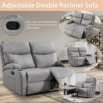 Manual Reclining Loveseat Anti-Scratch Loveseat Recliner Sofa with Side Pocket and Cupholders Wall Hugger 2 Seat Reclining Sofa Chair for RV Living Room Meeting Room Bedroom Apartment