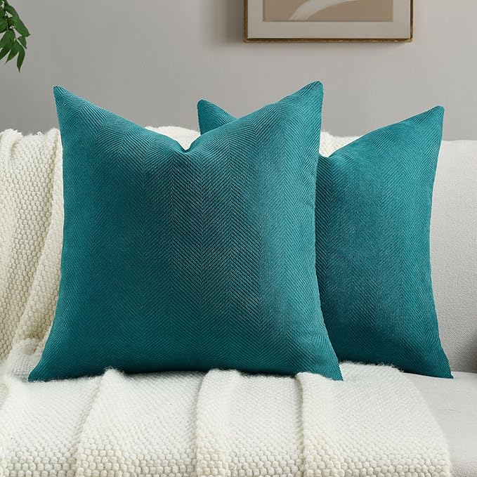 FUTEI Teal Chenille Throw Pillow Covers 24x24 Inch Set of 2,Soft Wide Chevron Textured European Pillow Shams,Farmhouse Home Decor for Couch Bed Living Room