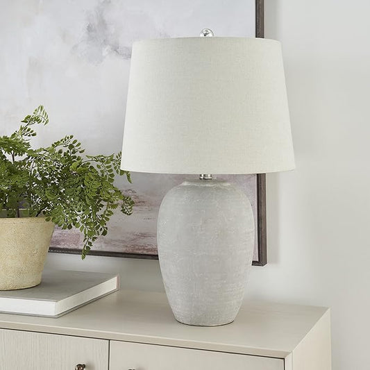 Nourison Home 23" Vintage Grey (White Washed) Ceramic Pot Table Lamp for Bedroom, Living Room, Dining, Office, with Grey Shade