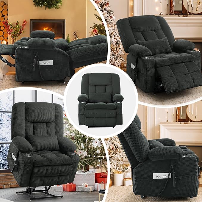 ABCASA Oversized Dual Motor Lay Flat Power Lift Massage Recliner Chair Set of 2 for Elderly with Heat for Living Room, Lift Chairs Recliner with Lumbar Pillow, Cup Holder - Grey