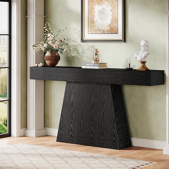 Tribesigns 63" Black Console Table, Farmhouse Entryway Table with Trapezoidal Base, Narrow Long Wood Sofa Table Behind Couch Table for Entrance, Hallway, Living Room, Black