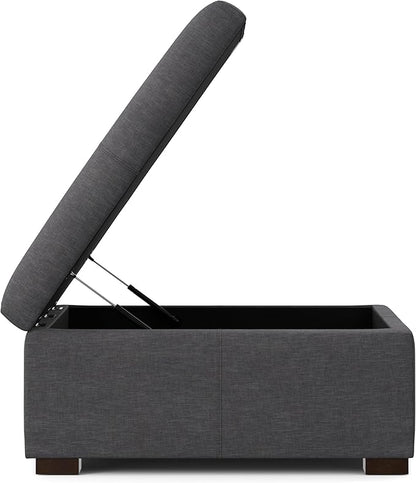 SIMPLIHOME Gabbie 36 inch Wide Contemporary Square Square Coffee Table Storage Ottoman in Slate Grey Polyester Linen, Assembled, for The Living Room, Entryway and Family Room