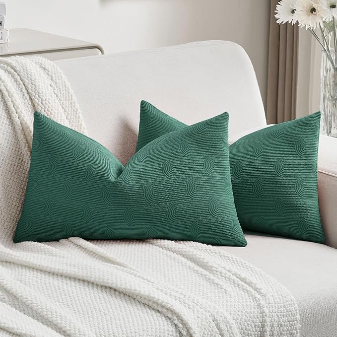 FUTEI Teal Chenille Decorative Throw Pillow Covers 12x20 Inch Set of 2,Soft Cozy Striped Geometric Patterns Lumbar Pillow Cases,Modern Home Decor for Couch Bed Living Room