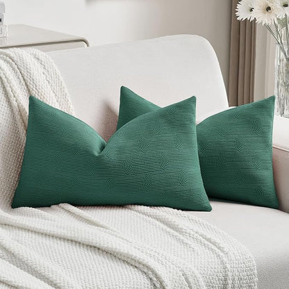 FUTEI Teal Chenille Decorative Throw Pillow Covers 12x20 Inch Set of 2,Soft Cozy Striped Geometric Patterns Lumbar Pillow Cases,Modern Home Decor for Couch Bed Living Room