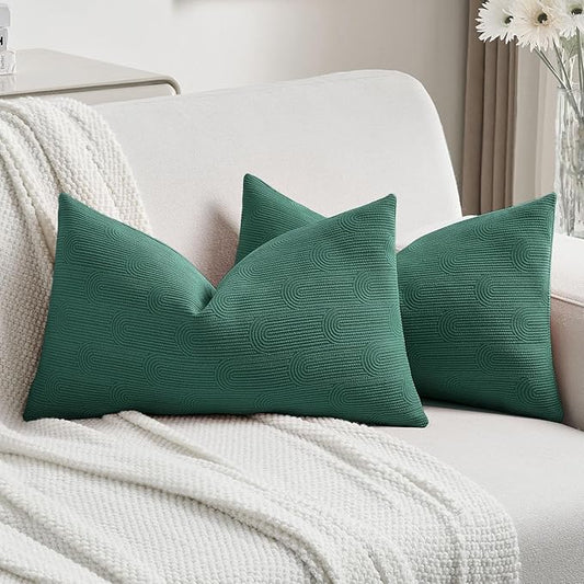 FUTEI Teal Chenille Decorative Throw Pillow Covers 12x20 Inch Set of 2,Soft Cozy Striped Geometric Patterns Lumbar Pillow Cases,Modern Home Decor for Couch Bed Living Room