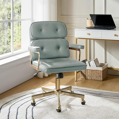HULALA HOME Faux Leather Office Desk Chair with Golden Metal Legs, Comfy Upholstered Computer Chair with Tufted Backrest & Thick-Cushion Padded Armrest, Height Adjustable and 360°Swivel, Sage