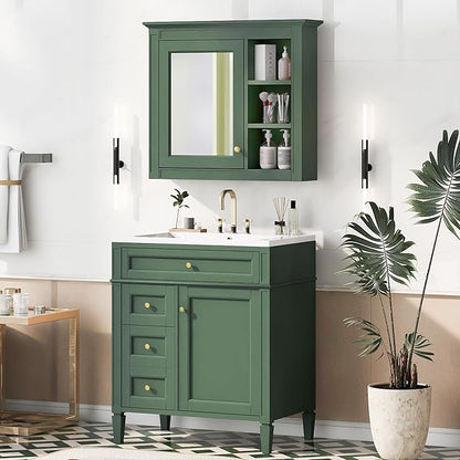 30" Bathroom Vanity with Matching Medicine Cabinet, Modern Sink Storage Cabinet with Drawers, Soft Closing Doors and Shelf, Bathroom Vanities with Sink & Mirror