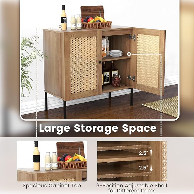 COSTWAY Buffet Cabinet with Storage, Storage Sideboard with Rattan Decorated Doors, Adjustable Shelf, Metal Legs, Accent Cabinet, Buffet Table Credenza for Hallway, Entryway, Living Room (2, Oak)