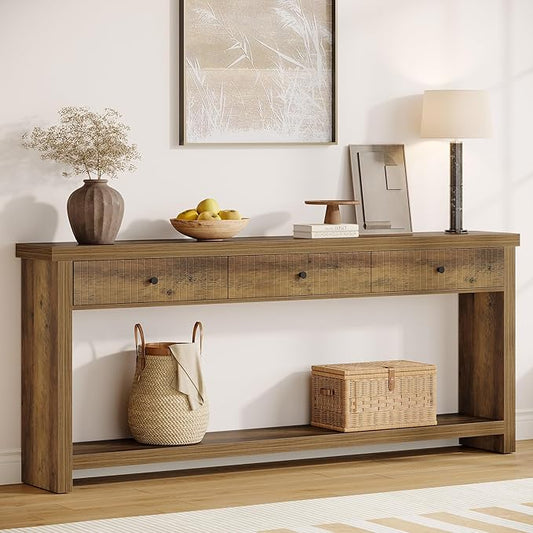 Tribesigns 70.9-Inch Extra Long Entryway Table with 3 Drawers, Sofa Console Table with Open Storage Shelves, Wooden Couch Foyer Tables for Living Room Hallway Entrance