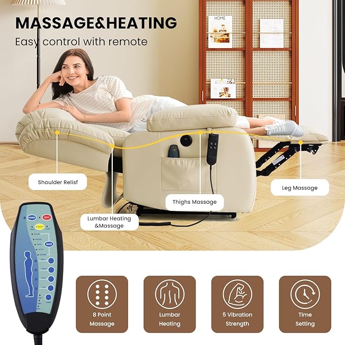TEKAMON Power Lift Recliner Chair for Elderly with Heat & Massage, Dual Motor Breathable Leather Recliner, Lay Flat Sleeping Chairs with Infinite Position, Remote Control & USB Type-c Ports(Beige)