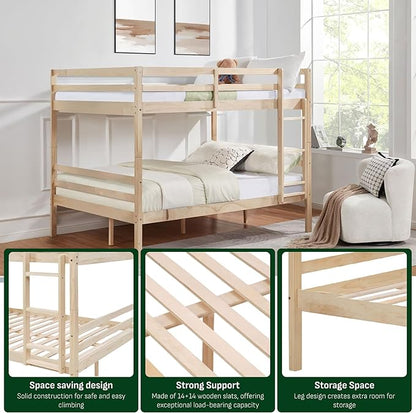 Softa Full Over Full Bunk Bed with Thick Posts,Wooden Bunk Bed with High Guardrail and Ladder for Kids, Teens, Dorm Rooms, and Guest Rooms,No Box Spring Needed, Natural