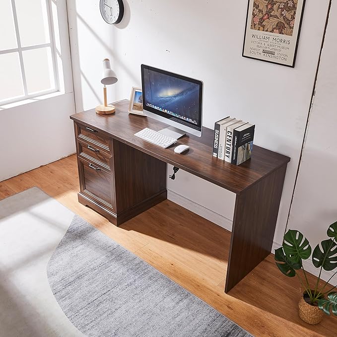 60" Farmhouse Executive Desk with Charging Station,Home Office Desk with 2 Drawers &1 File Cabinet,Fluted Computer Desk for Office and Home (Walnut)