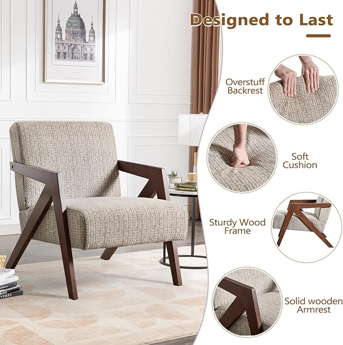 Bonzy Home Mid-Century Modern Accent Chair with Wood Frame, Upholstered Armchair for Bedroom & Living Room, Linen Fabric Cushion, Z-Shaped Armrest Design, Sturdy Lounge Chair,Brown