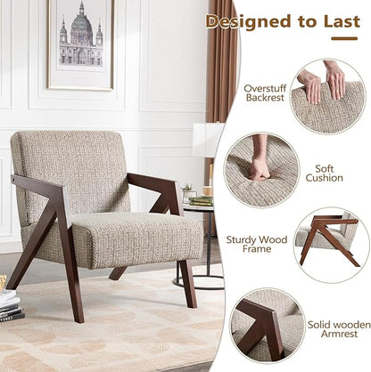 Bonzy Home Mid-Century Modern Accent Chair with Wood Frame, Upholstered Armchair for Bedroom & Living Room, Linen Fabric Cushion, Z-Shaped Armrest Design, Sturdy Lounge Chair,Brown
