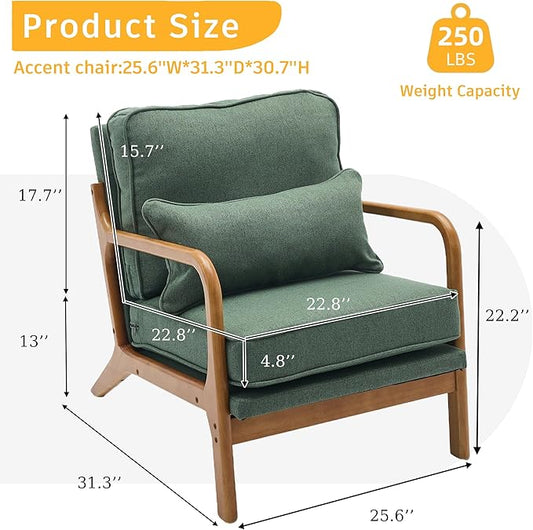 Mid-Century Accent Chair,Linen Fabric Lounge Chair with Wide Armrest,Linen Fabric Armchair with Lumbar Pillow & Solid Wood Frame for Living Room, Bedroom, Balcony(Green)